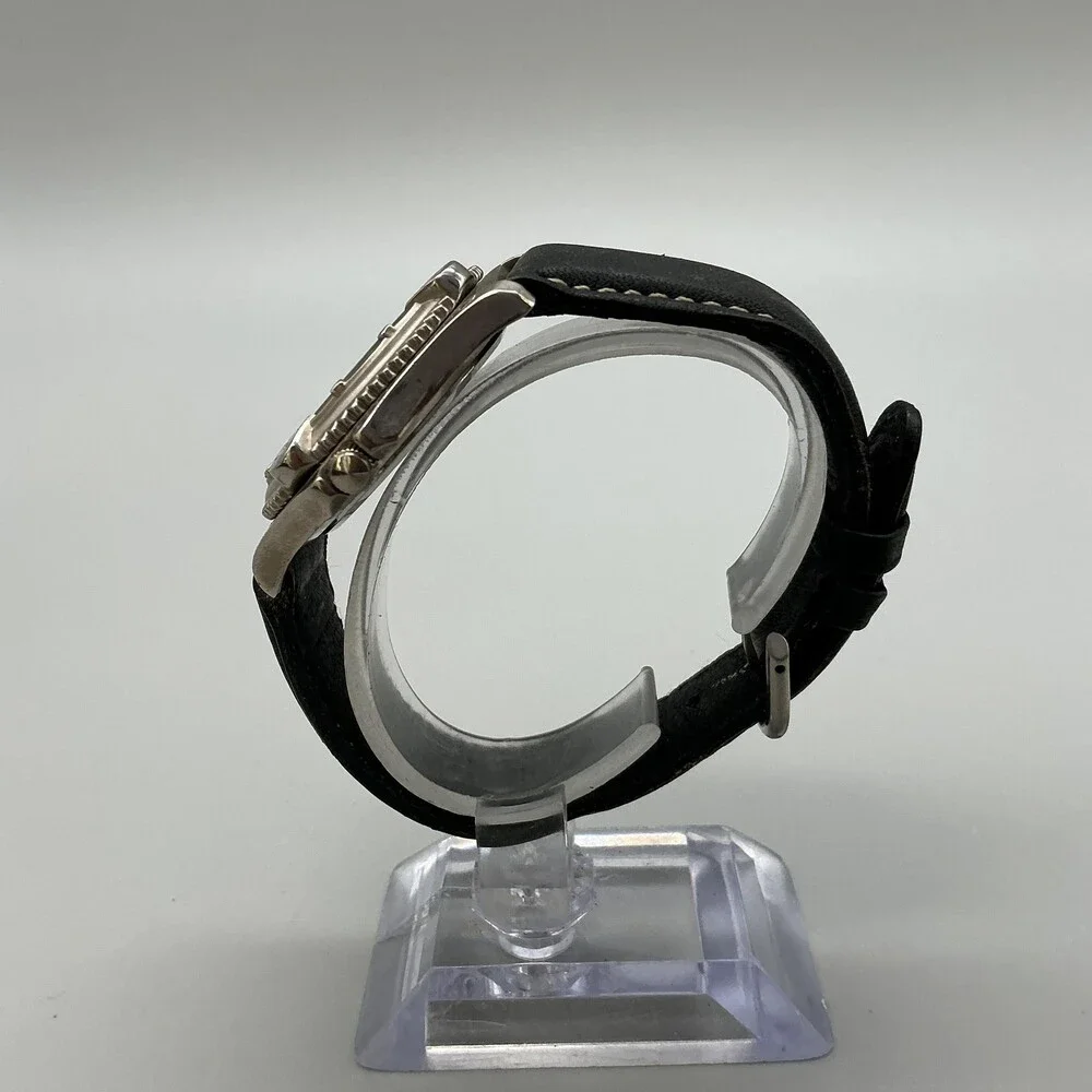 Vintage Guess Mens Watch 38mm Black Dial Silver Tone Leather Band New Battery